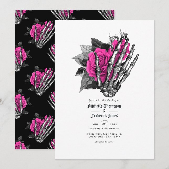 Invitation Code QR de mariage gothique floral rose vif (Devant / Derrière)