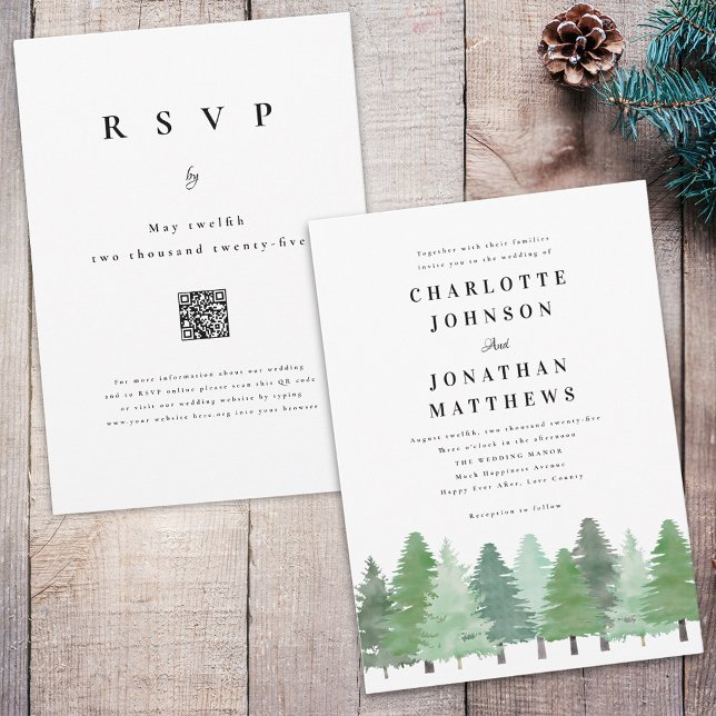 Invitation Code QR de mariage hivernal en forêt de style Wood (Modern watercolor Woodland pine forest qr code wedding invitation)