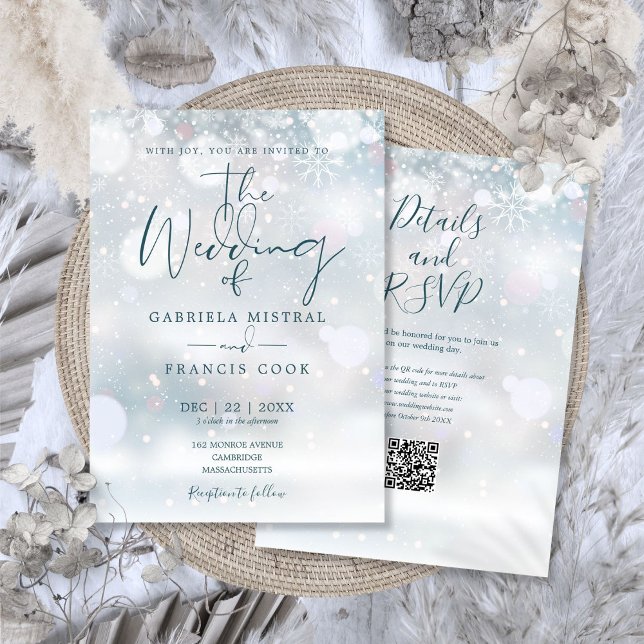 Invitation Code QR de Mariage hivernal enneigé (Winter Wonderland QR Code Snow Wedding Invitation)