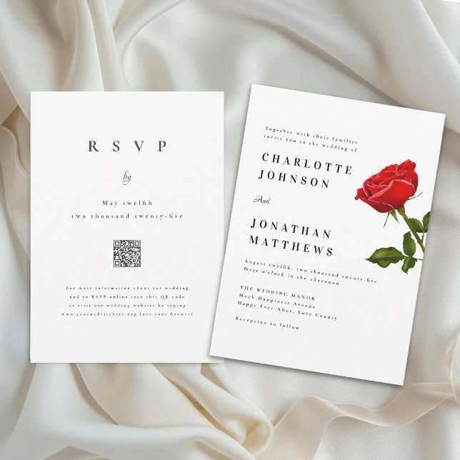 Invitation Code QR de mariage minimal moderne Rose rouge roma (Romantic elegant red rose minimalist wedding QR code invitation simple Watercolor floral)