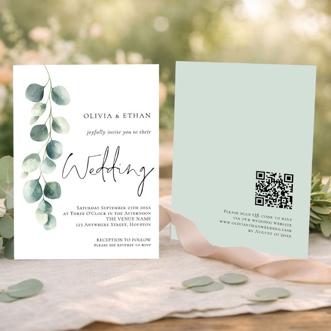 Invitation Code QR de mariage moderne Eucalyptus Script Sage (Front and back view)