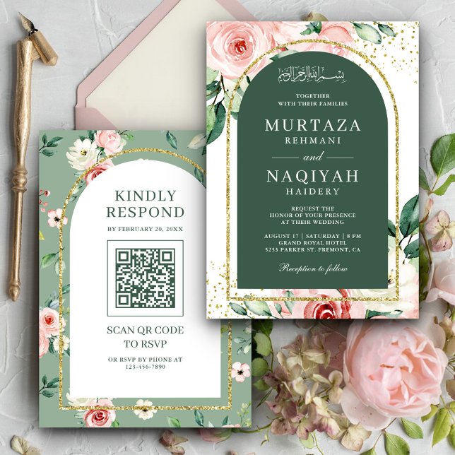 Invitation Code QR de mariage musulman à arc vert floral rose (Créateur téléchargé)