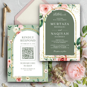 Invitation Code QR de mariage musulman à arc vert sauge flora