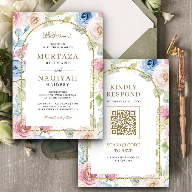 Invitation Code QR de mariage musulman à arche dorée florale  (Créateur téléchargé)