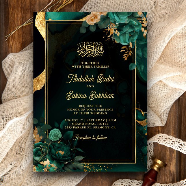 Invitation Code QR de mariage musulman à fleurs dorées vert é (Créateur téléchargé)