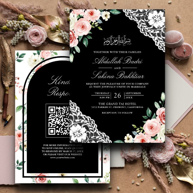 Invitation Code QR de mariage musulman en dentelle noire à fl (Créateur téléchargé)