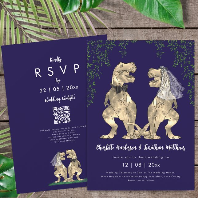 Invitation Code QR de mariage Navy Blue sur le thème des dino (T-Rex bride and groom dinosaur wedding rsvp qr code navy blue Invitation)