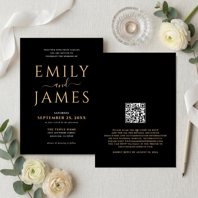 Invitation Code QR de mariage noir élégant or blanc écriture (Créateur téléchargé)