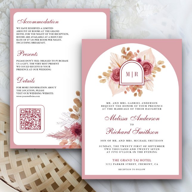 Invitation Code QR de mariage Pampas Floral Rose Grenade (Créateur téléchargé)