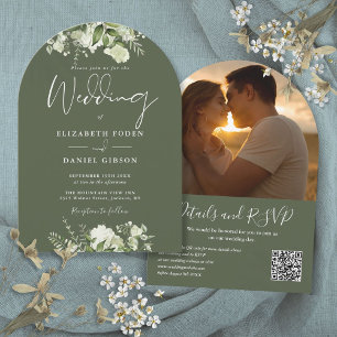 Invitation Code QR de mariage photo arche de verdure vert oli