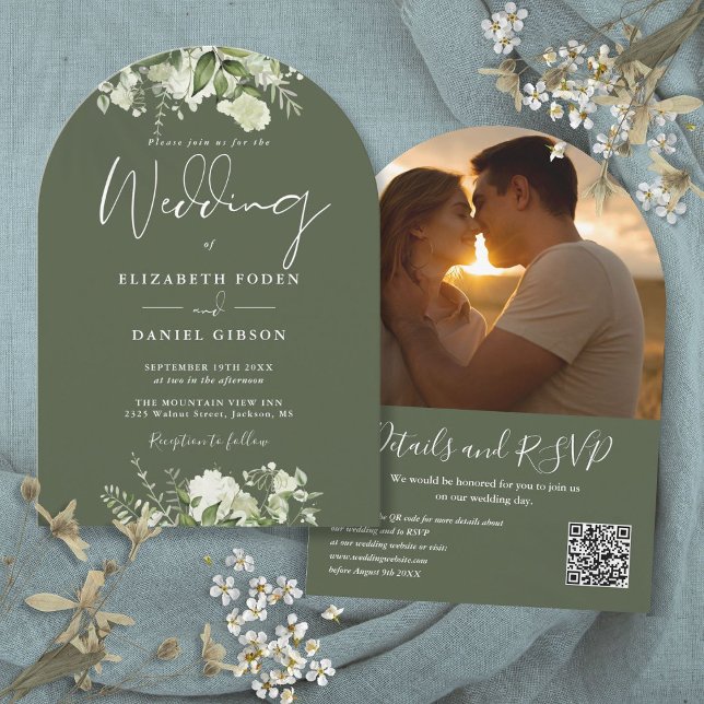 Invitation Code QR de mariage photo arche de verdure vert oli (Greenery Olive Green QR Code Photo Arch Wedding Invitation)