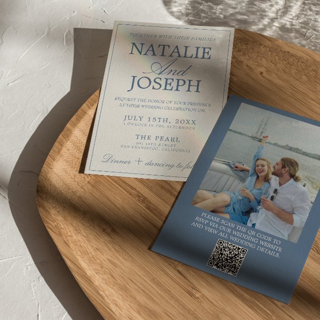 Invitation Code QR de mariage photo argent ancien bleu et bla (Créateur téléchargé)