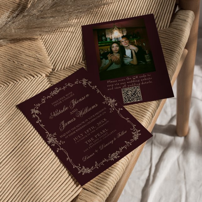 Invitation Code QR de mariage photo argent ancien floral de B (Créateur téléchargé)