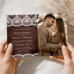 Invitation Code QR de mariage photo avec dentelle de bois de