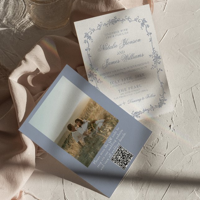Invitation Code QR de mariage photo botanique florale bleu po (Créateur téléchargé)
