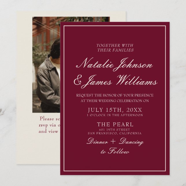 Invitation Code QR de mariage photo Burgundy élégant et chic (Devant / Derrière)