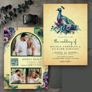 Invitation Code QR de mariage photo de paon floral vintage