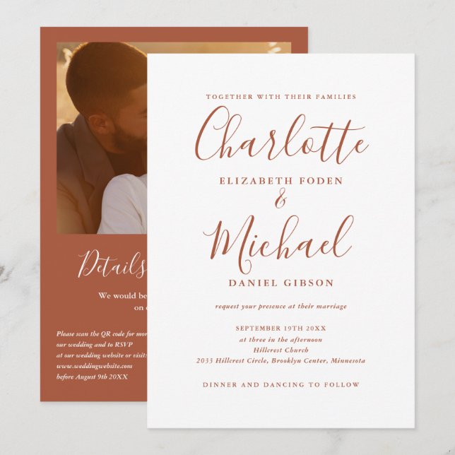 Invitation Code QR de mariage photo élégant écriture Terracot (Devant / Derrière)