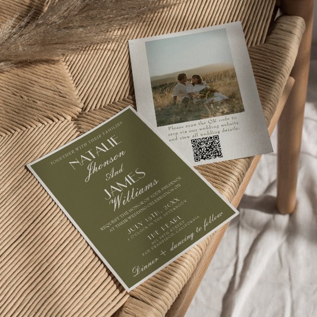 Invitation Code QR de mariage photo élégant vert olive de vie (Créateur téléchargé)