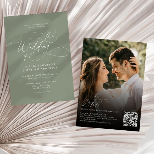 Invitation Code QR de mariage photo élégant vert sauge Rsvp (Créateur téléchargé)