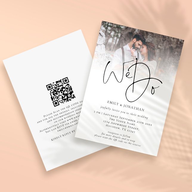 Invitation Code QR de mariage photo élégant We Do (Front and back view. Part of the Photo Overlay Wedding Invitation Collection of Matching products )