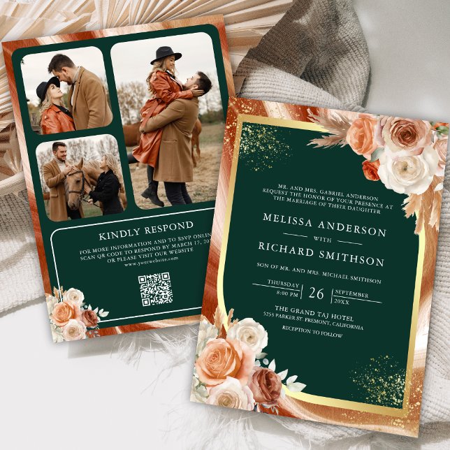 Invitation Code QR de mariage photo émeraude florale en terre (Créateur téléchargé)