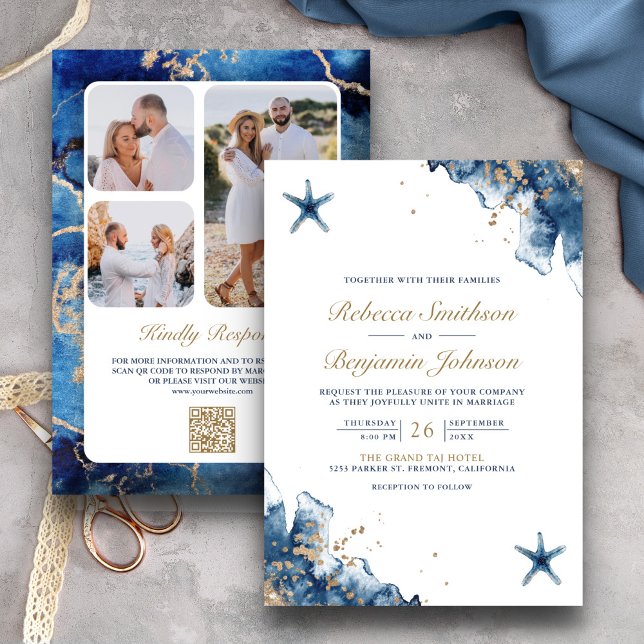 Invitation Code QR de mariage photo étoile de mer bleu marine (Créateur téléchargé)