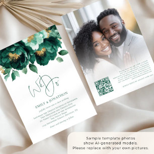 Invitation Code QR de mariage photo Fleurs d'or Émeraude