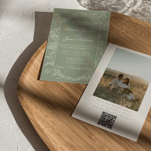 Invitation Code QR de mariage photo floral bohème vert sauge (Créateur téléchargé)