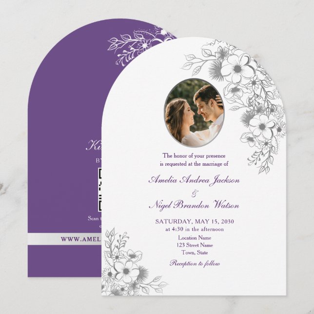 Invitation Code QR de mariage photo florale violet (Devant / Derrière)