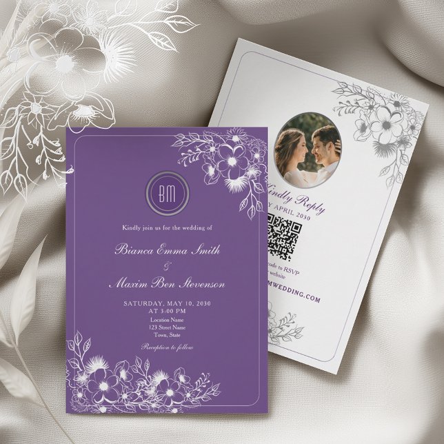 Invitation Code QR de mariage photo florale violet (Créateur téléchargé)