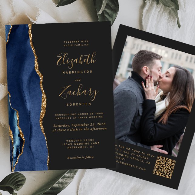 Invitation Code QR de mariage photo foncé Agate Bleu Marine (Créateur téléchargé)