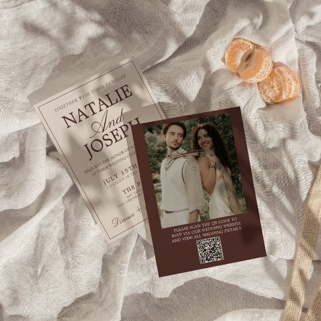 Invitation Code QR de mariage photo marron chocolat argent de (Créateur téléchargé)