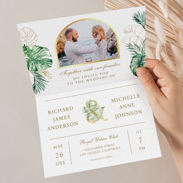 Invitation Code QR de mariage Photo Palmier Monstera Or Tropi (Créateur téléchargé)