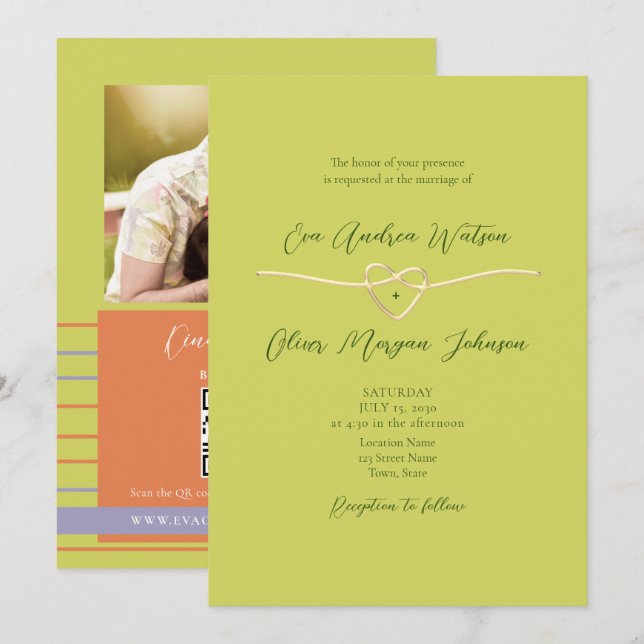 Invitation Code QR de mariage photo vert Citrus (Devant / Derrière)