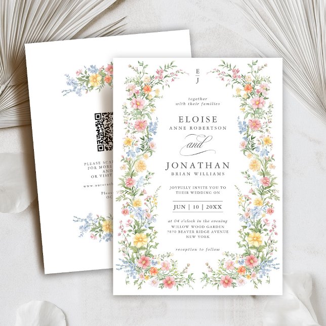 Invitation Code QR de mariage printemps fleurs sauvages paste (Soft Pastel Ornate Spring Garden Floral QR code Wedding invitation)