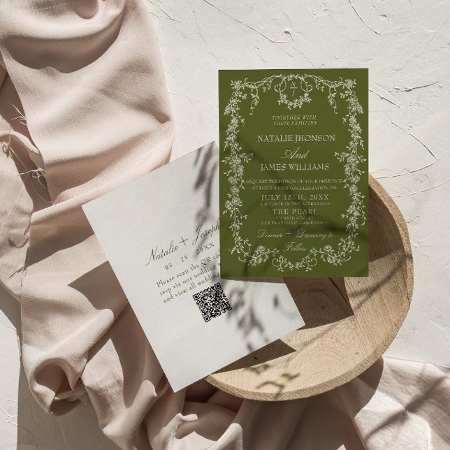 Invitation Code QR de mariage rétro jardin olive floral vert (Créateur téléchargé)
