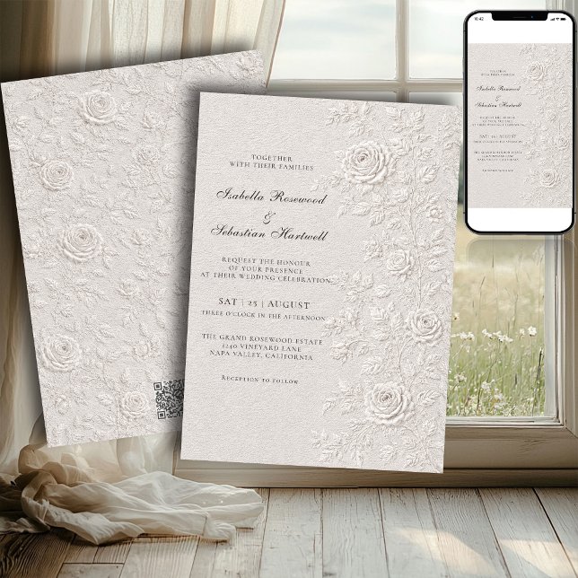 Invitation Code QR de mariage Rose en relief faux ivoire (Créateur téléchargé)
