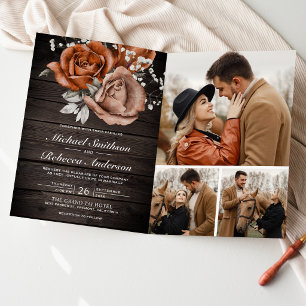Invitation Code QR de mariage Rose Orange Brûlée Bois Rustiqu