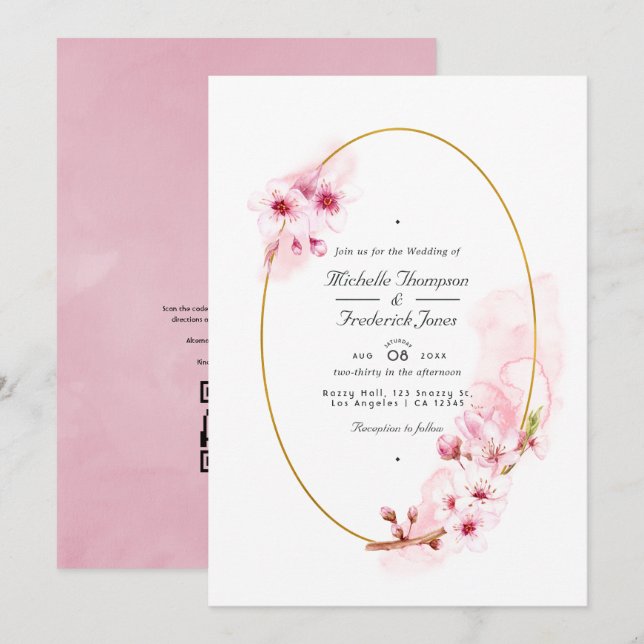 Invitation Code QR de mariage RSVP Cerisier à fleurs rose pri (Devant / Derrière)