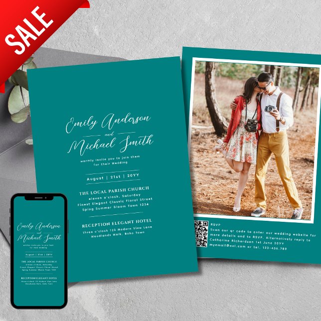 Invitation Code QR de mariage RSVP photo sarcelle romantique  (Créateur téléchargé)