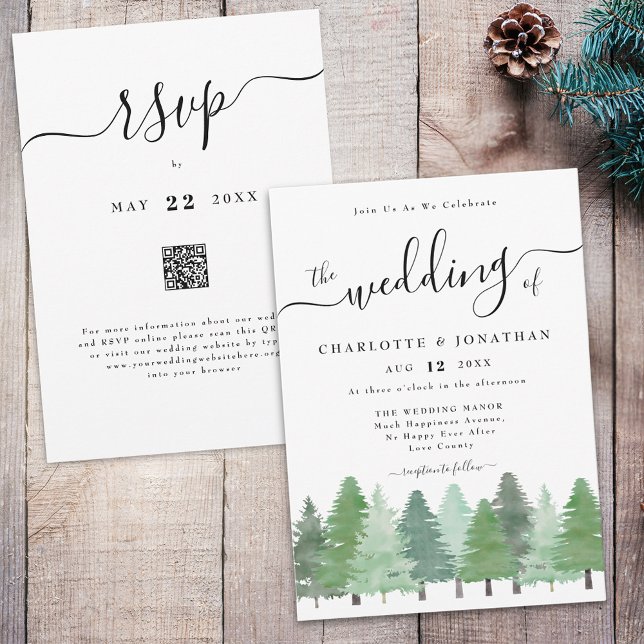 Invitation Code QR de mariage rustique à l'aquarelle en forêt (Modern watercolor Woodland forest rustic wedding qr code rsvp invitation elegant script )