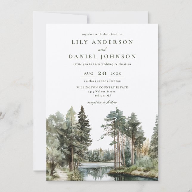 Invitation Code QR de mariage rustique aquarelle forêt lacust (Devant)