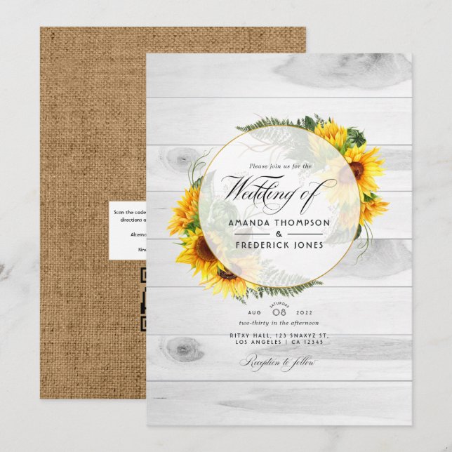 Invitation Code QR de mariage rustique de grange de tournesol (Devant / Derrière)