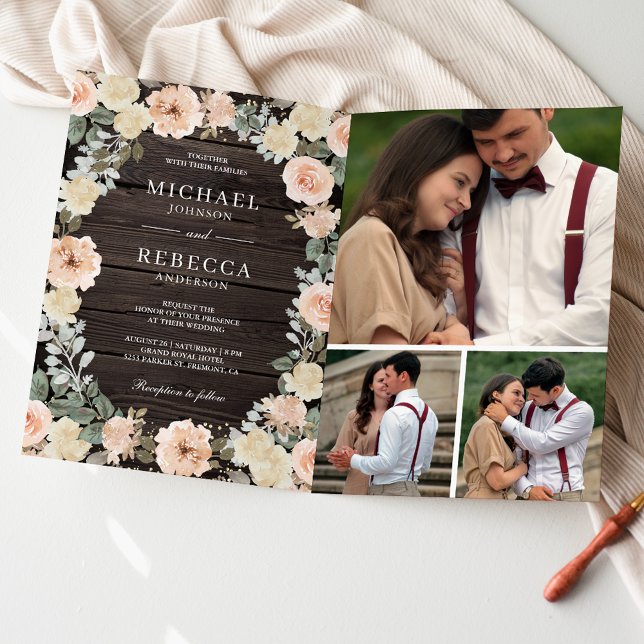 Invitation Code QR de mariage rustique floral pêche poussiére (Créateur téléchargé)