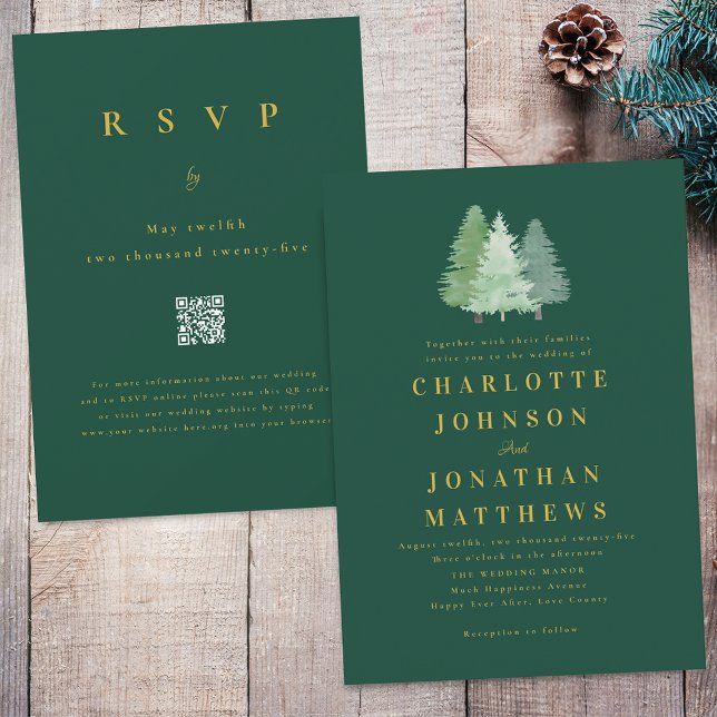 Invitation Code QR de mariage simple bois or vert forêt (Simple modern woodland forest gold  Green wedding qr code invitation watercolor evergreen pine trees)