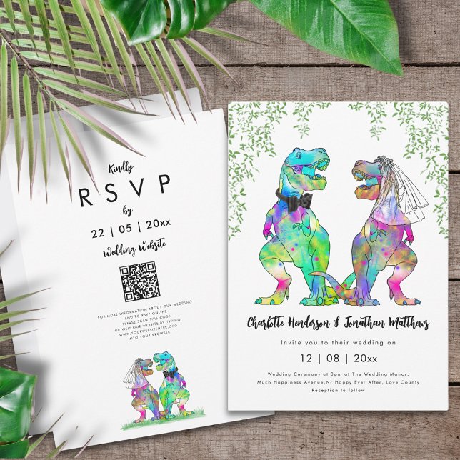 Invitation Code QR de mariage sur le thème des dinosaures (Funny dinosaur themed wedding inviation with colorful psychedelic T-Rex bride and groom jungle )