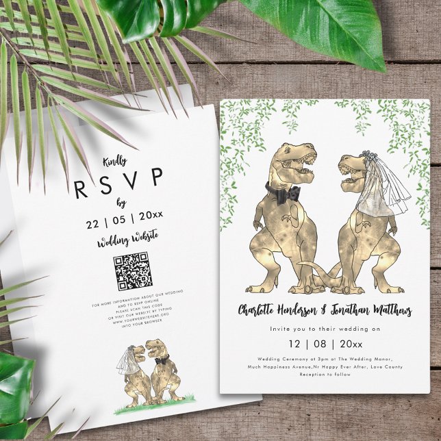 Invitation Code QR de mariage sur le thème des dinosaures (Dinosaur themed wedding QR code invitation with funny T-Rex bride and groom and jungle foliage)