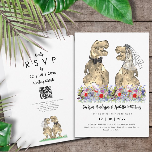 Invitation Code QR de mariage sur le thème des dinosaures (Dinosaur wedding QR code invitation T-Rex bride and groom in colorful prehistoric wildflower meadow)