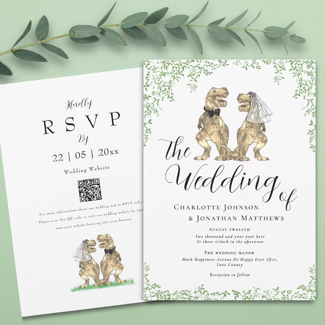 Invitation Code QR de mariage sur le thème des dinosaures (Botanical dinosaur wedding invitation with elegant script  watercolor eucalyptus foliage and qr code)